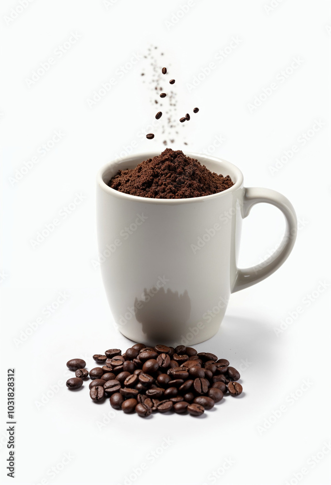 Coffee Mug and Grinded Coffee Beans Concept Photography Isolated on White Background. Coffee Mug and Grinded Coffee Beans Concept Photography Isolated on White Background.