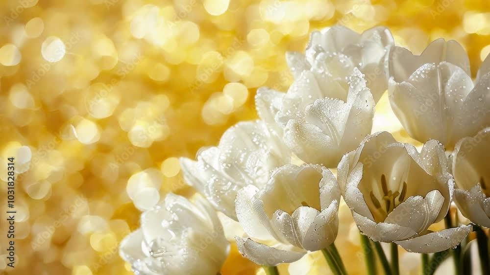 Close-up of white tulips covered in dewdrops against a golden bokeh background, capturing freshness and natural beauty. Close-up of white tulips covered in dewdrops against a golden bokeh background, capturing freshness and natural beauty.
