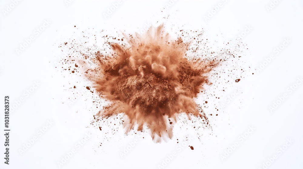 Dynamic Explosion of Brown Powder with Finely Textured Particles on White Background Dynamic Explosion of Brown Powder with Finely Textured Particles on White Background