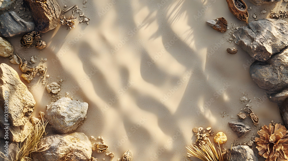 Obraz premium Serene Desert Landscape with Warm Textures, Soft Shadows on Sandy Background, Surrounded by Rocks and Wood, Overhead View