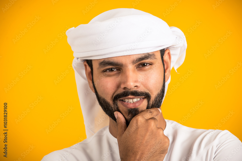 Handsome man with traditional white kandura from uae. Studio portraits on colored backgrounds with Dubai outfit, about fashion and lifestyle