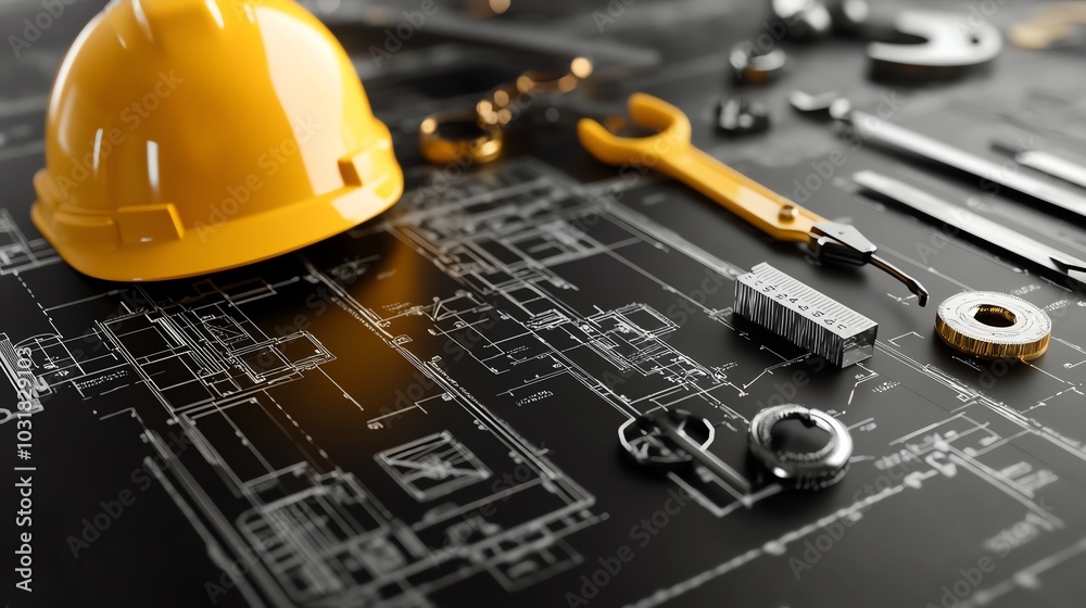 Construction tools and helmet on architectural blueprint. Construction tools and helmet on architectural blueprint.