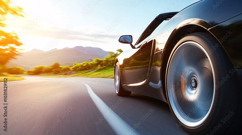 sporty convertible car on winding road at sunset sporty convertible car on winding road at sunset