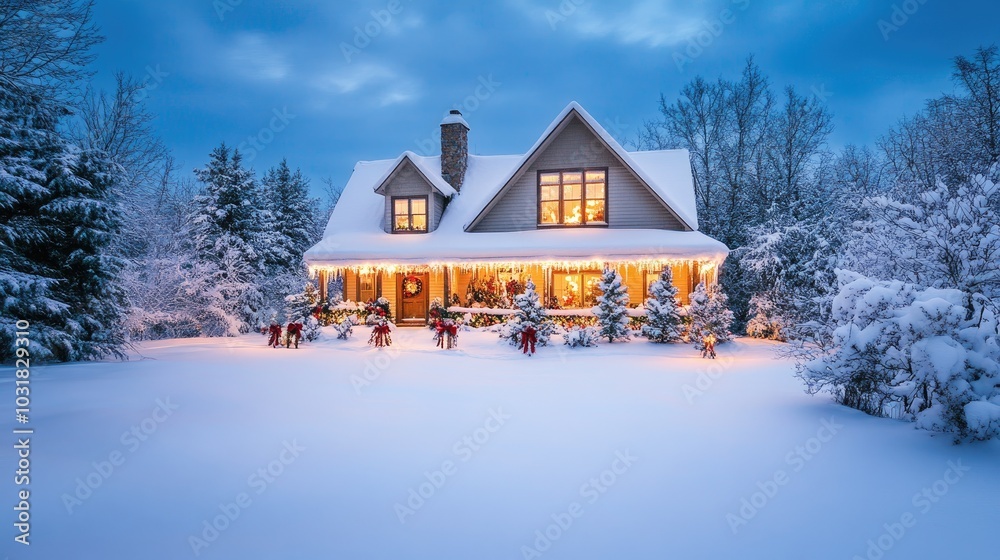 Cozy Winter Home with Snowy Landscape at Dusk Cozy Winter Home with Snowy Landscape at Dusk