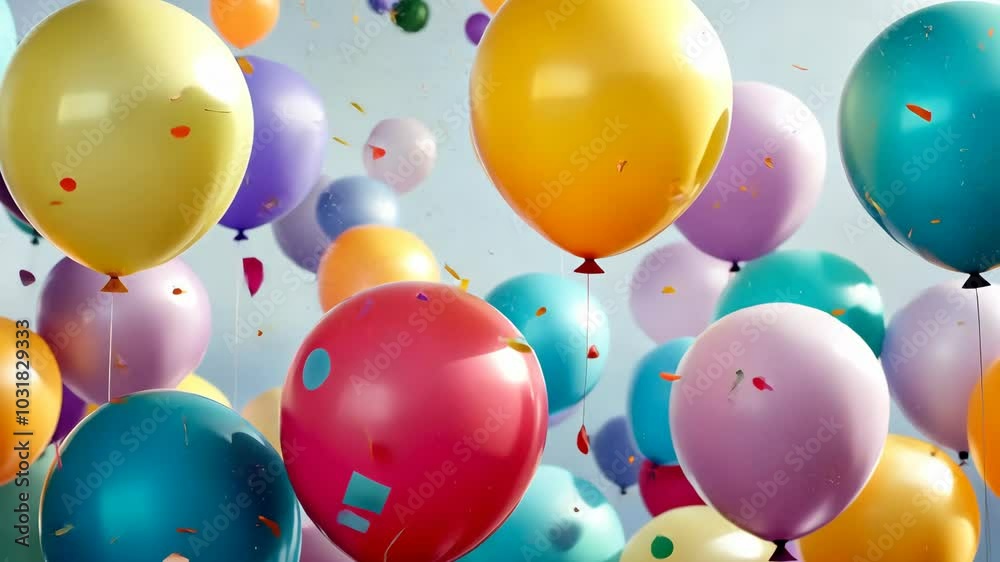 A cluster of colorful balloons floats in the air, surrounded by confetti A cluster of colorful balloons floats in the air, surrounded by confetti