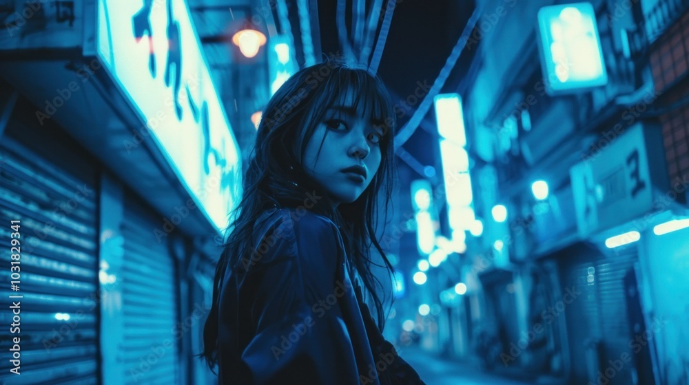A woman is walking along a wet street during the night hours A woman is walking along a wet street during the night hours