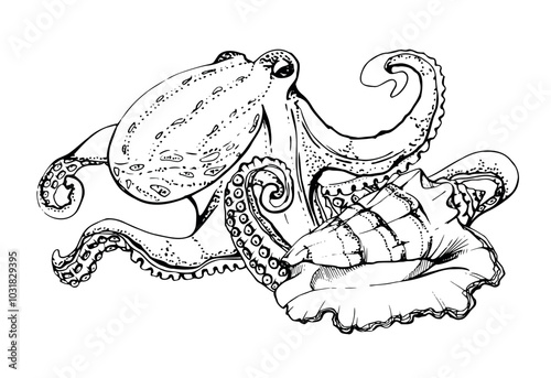 Octopus holding shell Marine life, sea ocean underwater creatures animal, Ink and pen sketch hand drawn. Composition illustration, stylized isolated on white. For zoo shop, aquarium, cosmetics, resort