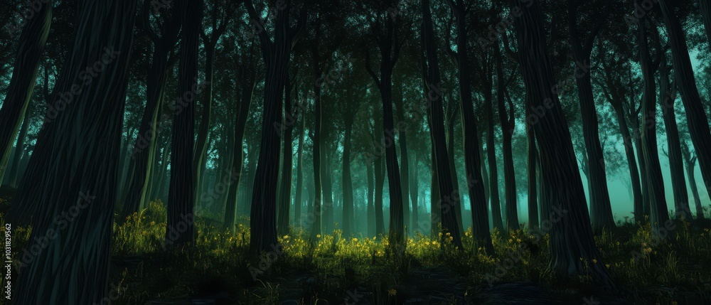 Obraz premium A serene forest at dusk, shrouded in mist and accentuated by soft green hues, creating an enchanting and mysterious atmosphere.