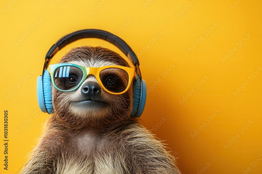 Obraz premium Cute sloth wearing sunglasses and headphones against a bright yellow background. Fun and playful image for creative and vibrant projects.