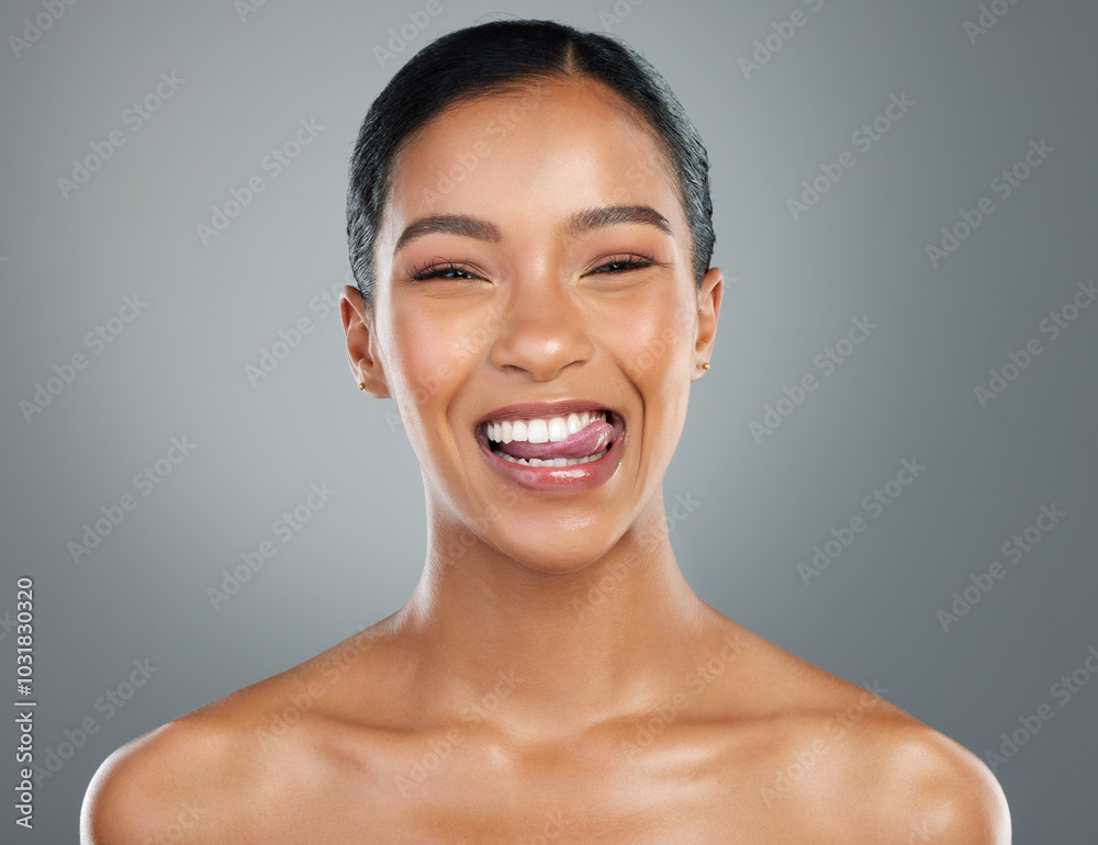 Smile, makeup or portrait of happy woman with skincare or facial glow in studio on grey background. Dermatology treatment, face or confident model with cosmetics, beauty and transformation results Smile, makeup or portrait of happy woman with skincare or facial glow in studio on grey background. Dermatology treatment, face or confident model with cosmetics, beauty and transformation results