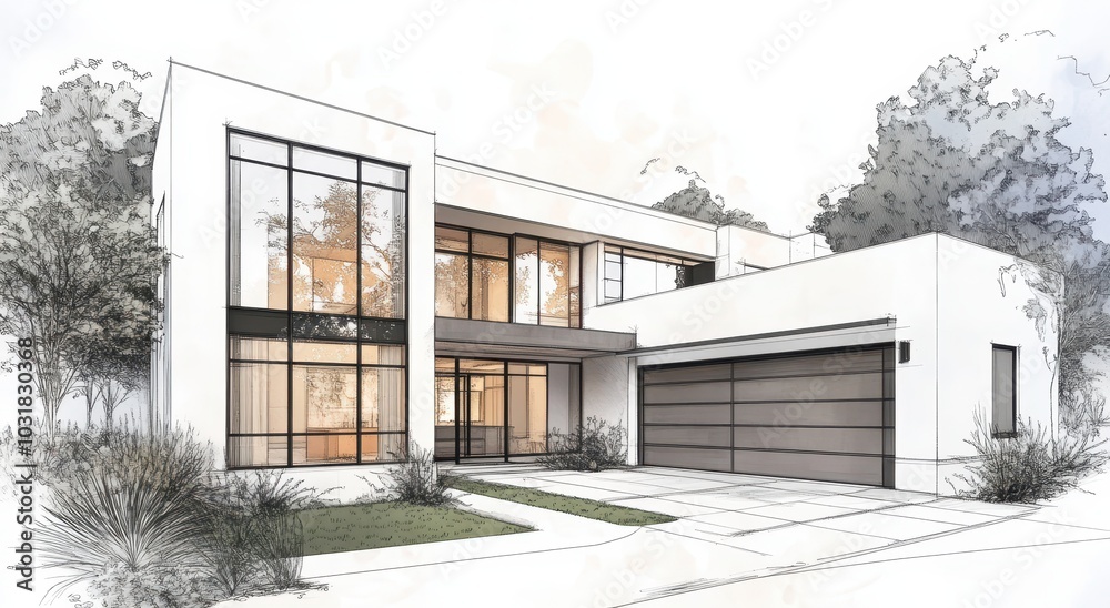 Modern house with large windows and a garage, in a simple pencil sketch style. The design includes an exterior perspective of the structure, showcasing its elegant architecture. Modern house with large windows and a garage, in a simple pencil sketch style. The design includes an exterior perspective of the structure, showcasing its elegant architecture.