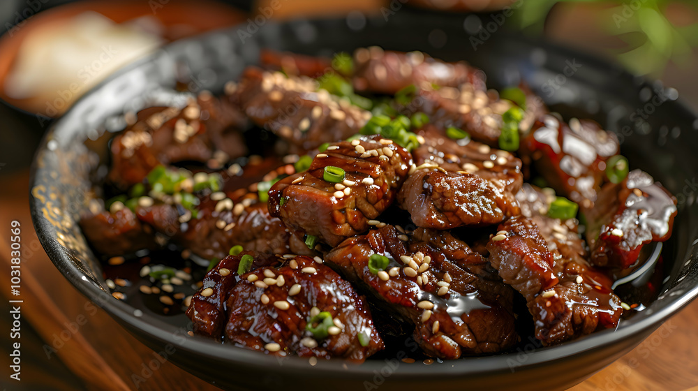 A close-up of beef teriyaki with a glossy sauce and sesame seeds A close-up of beef teriyaki with a glossy sauce and sesame seeds