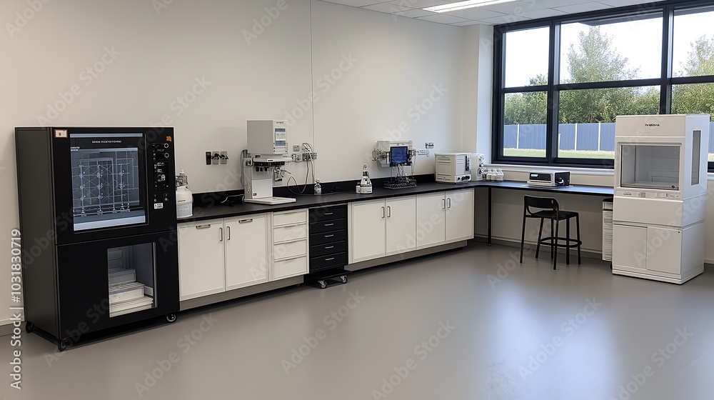 Fototapeta premium A high-tech laboratory with holographic projections showing molecular structures.