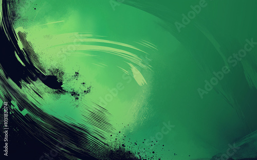 A dynamic abstract black and green background with brush strokes. AI generation.