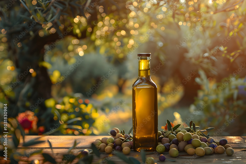 A bottle of olive oil illuminated by the rays of the morning sun on a wooden table with fresh olives and olive branches on the background of nature, healthy eating concept, mockup A bottle of olive oil illuminated by the rays of the morning sun on a wooden table with fresh olives and olive branches on the background of nature, healthy eating concept, mockup