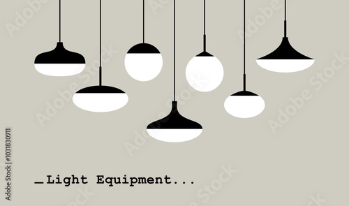 Collection of various hanging light fixtures in a minimalistic black and white design. Can be use for lighting, interior design, or decor projects. Vector illustration