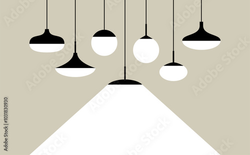 Collection of various hanging light fixtures one of which is glowing. Illustration in a minimalistic black and white design. Can be use for lighting, interior design, or decor projects