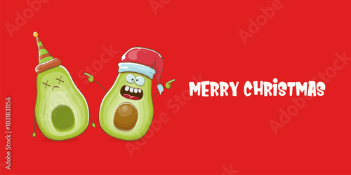 Merry chirstmas vector funky greeting horizontal banner or card with santa claus avocado character and his elf friend on red background. Vector funny christmas party poster design template