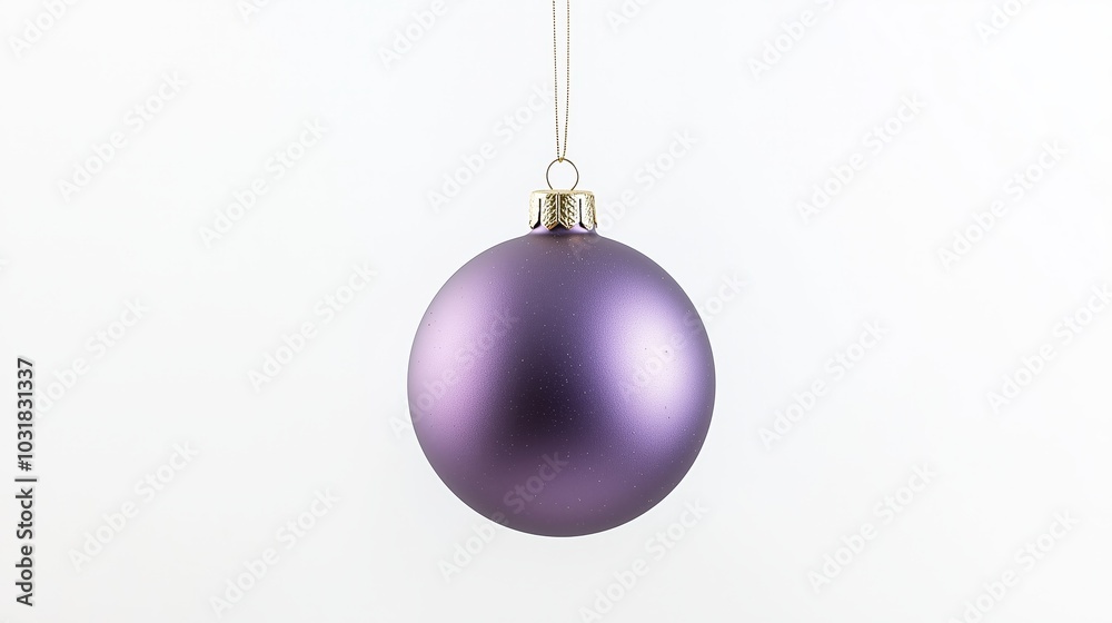 Single Spherical Christmas Ornament with Matte Purple Finish Suspended by Gold String Against White Background Single Spherical Christmas Ornament with Matte Purple Finish Suspended by Gold String Against White Background