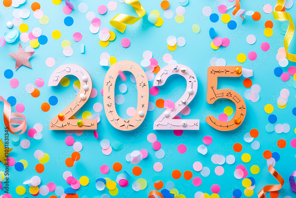 Text 2025 in papercut style with confetti on blue background. Happy New Year concept Text 2025 in papercut style with confetti on blue background. Happy New Year concept