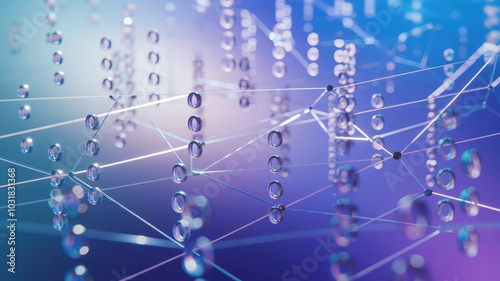 Digital network with glowing connections and floating spheres
