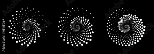 PrintSet of different twisted speed lines in circle form. Halftone dotted speed lines. Abstract geometric circles with rotating radial lines. Vector illustration