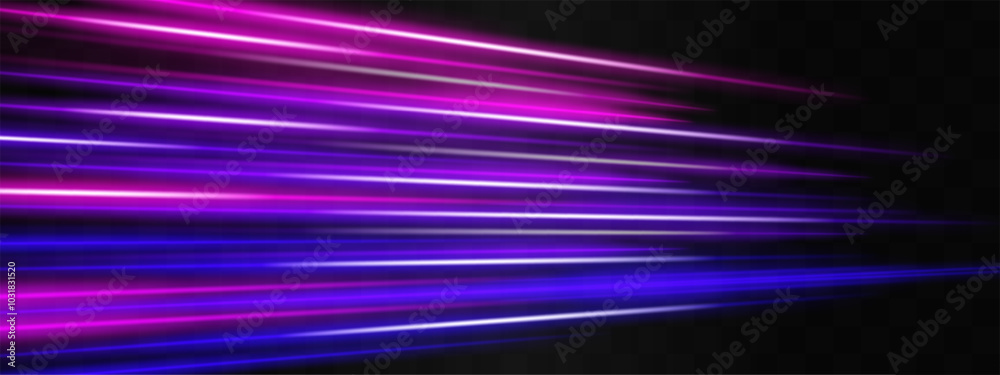Speed effect. neon stripes or light flash. Laser beams, horizontal beams. Vibrant neon purple and pink light streaks stretching across a dark background, creating a dynamic effect Speed effect. neon stripes or light flash. Laser beams, horizontal beams. Vibrant neon purple and pink light streaks stretching across a dark background, creating a dynamic effect