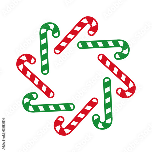 Logo candy cane de navidad. Corona navideña de bastones de caramelo con forma de copo de nieve para tarjetas y felicitaciones de Navidad