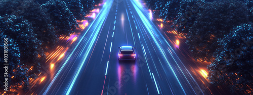 Aerial Perspective of a Fast-Moving Car on an Open Road, Showcasing Motion Blur and the Thrill of Speed photo