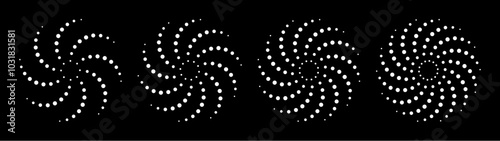 Collection of abstract circular dot swirl pattern in black and white, creating a dynamic visual effect. Can be use for design projects, posters, backgrounds, and digital artworks. Vector illustration
