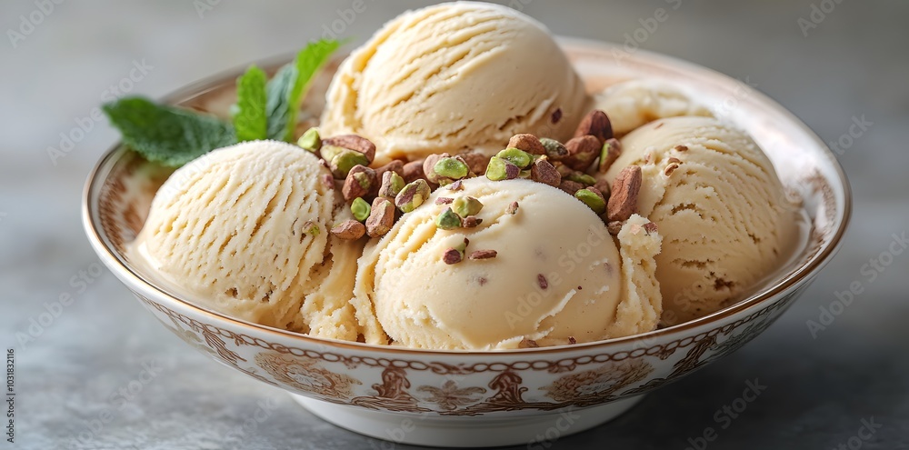 A bowl of creamy ice cream topped with pistachios and mint leaves. A bowl of creamy ice cream topped with pistachios and mint leaves.