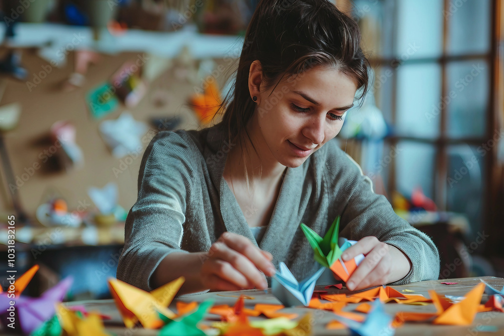 Fototapeta premium Generative AI woman crafting colorful origami paper figures