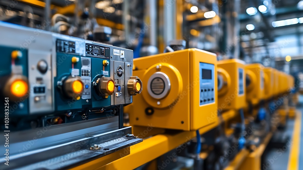 Electrical safety devices installed on large machines in an industrial factory, highlighting circuit protection features. Electrical safety devices installed on large machines in an industrial factory, highlighting circuit protection features.