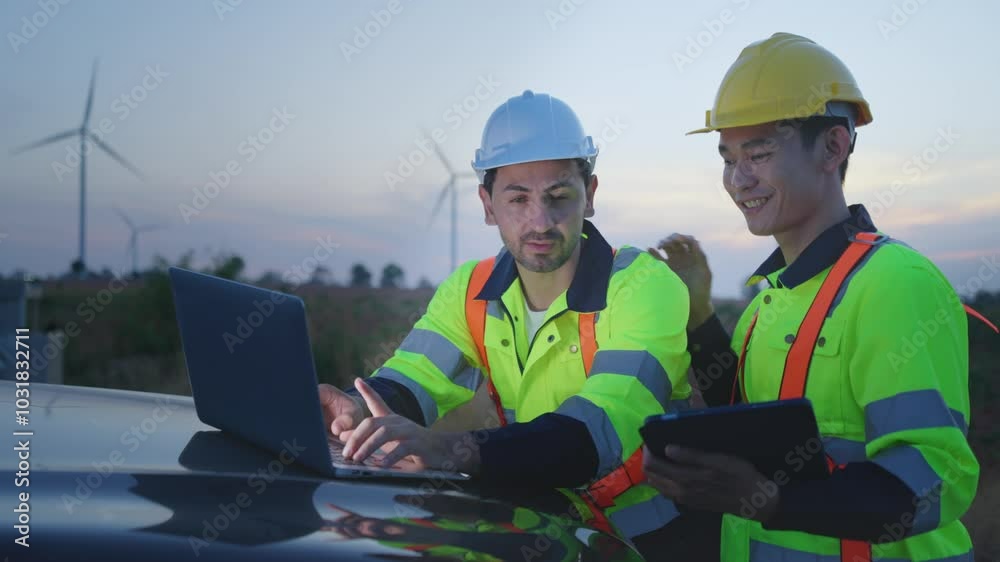Diverse ethnicity male technicians working in the wind turbines field. Diverse ethnicity male technicians working in the wind turbines field.