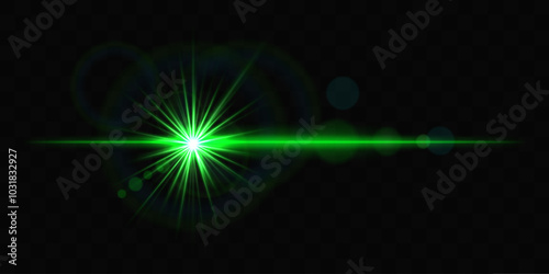 Bright green glowing light burst with lens flare on a black background, creating a dynamic and futuristic effect. Lens flare, star light effect, reflection