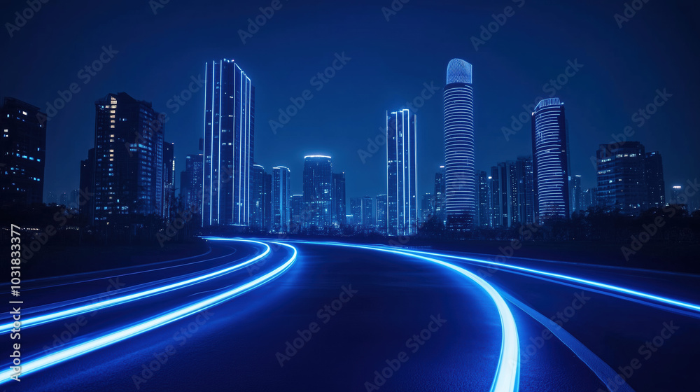 Fototapeta premium Urban Cityscape with Neon Skyscrapers, Curved Path to Unknown Horizon, White LED Lit Path, Blue Light Glow, High-Speed Track Movement in a Futuristic Setting