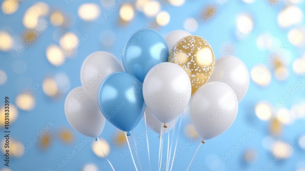 A cluster of vibrant blue and white balloons creates a festive atmosphere, beautifully contrasted by a shimmering bokeh backdrop A cluster of vibrant blue and white balloons creates a festive atmosphere, beautifully contrasted by a shimmering bokeh backdrop