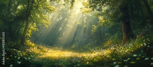 Sunlight beams through the trees in a lush green forest, illuminating a carpet of wildflowers in a magical woodland scene.