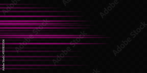 Abstract purple laser beam. Lighting effect. Directional spotlight. Light streaks fading into darkness on a black background, creating a dynamic and abstract effect.