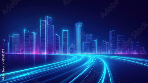 Neon Cityscape with Skyscrapers, Curved LED-Lit Path, Blue Sky, Blue Glow Behind Buildings, High-Speed Track, Futuristic Urban Architecture