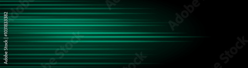 Abstract green laser beam. Lighting effect. Directional spotlight. Light streaks fading into darkness on a black background, creating a dynamic and abstract effect.