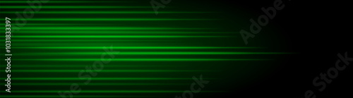 Abstract green laser beam. Lighting effect. Directional spotlight. Light streaks fading into darkness on a black background, creating a dynamic and abstract effect.
