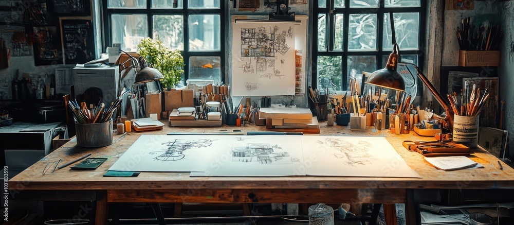 Artist's workspace with large wooden table, drawing tools, and a large sheet of paper with sketches on it. Artist's workspace with large wooden table, drawing tools, and a large sheet of paper with sketches on it.