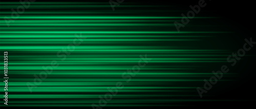 Abstract green laser beam. Lighting effect. Directional spotlight. Light streaks fading into darkness on a black background, creating a dynamic and abstract effect.