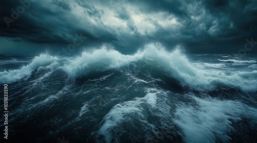 Dramatic ocean scene with crashing waves and dark storm clouds, capturing the raw power and beauty of nature in a turbulent sea.