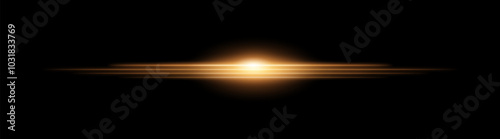 Moving fast Horizontal glowing golden light beam on a black background, Highlight effect. Abstract laser reflection. Light effect. Directional light effect. Lens flare. Horizontal rays glowing