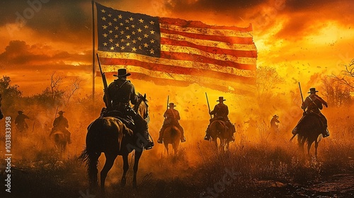 A scene depicting the Civil War with the American flag in the background, symbolizing patriotism and historical conflict.