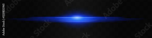 Moving fast Horizontal glowing blue light beam on a black background, Highlight effect. Abstract laser reflection. Light effect. Directional light effect. Lens flare. Horizontal rays glowing