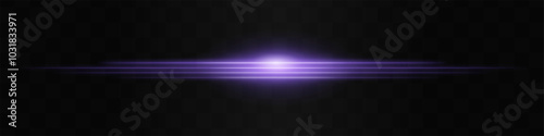Moving fast Horizontal glowing purple light beam on a black background, Highlight effect. Abstract laser reflection. Light effect. Directional light effect. Lens flare. Horizontal rays glowing
