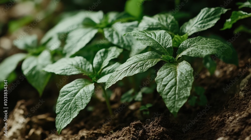 A close-up of ginseng plants growing in the wild, with detailed leaves and soil textures. A close-up of ginseng plants growing in the wild, with detailed leaves and soil textures.